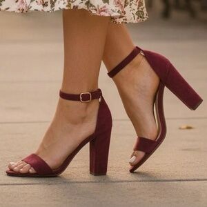BAMBOO® Rampage Chunky Heel Sandal, Burgundy Faux Suede 5.5